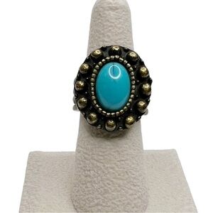 Faux Turquoise Oval Cabochon Antique Gold Tone Cocktail Ring